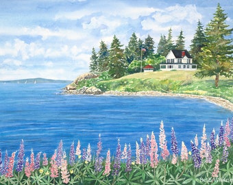 Lupine on Cape Rosier Print, Harborside, Maine Watercolor Painting, Coastal Cottage Decor, Maine Wall Art