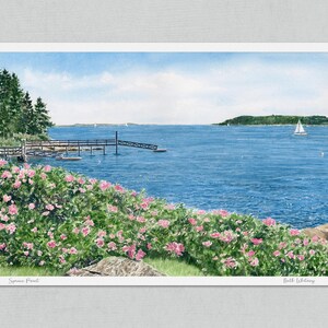 Unmatted watercolor art print of Spruce Point in Boothbay Harbor featuring roses in bloom and a sailboat gliding across blue water.