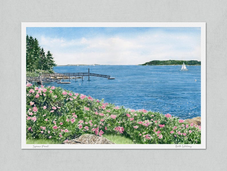 Unmatted watercolor art print of Spruce Point in Boothbay Harbor featuring roses in bloom and a sailboat gliding across blue water.
