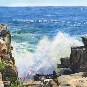 Bailey Island Maine Watercolor Painting, Giant Stairs Waves Crashing on Rocks, Ocean Lover Gifts, Harpswell Maine Seascape Print