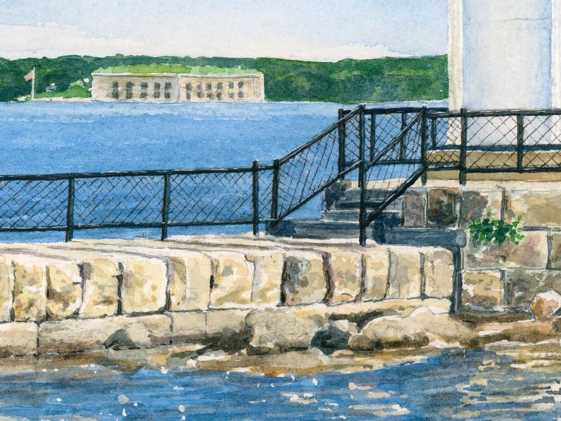 Close-up detail of Bug Light highlighting the stone breakwater, iron railing, and Fort Gorges across Portland Harbor.