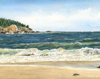 Sand Beach, Acadia Watercolor Print, Bar Harbor, Maine Landscape Art, Blue Green Ocean Painting, Maine Made Gifts