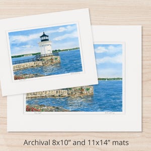 Archival 8x10" and 11x14" matted watercolor art prints of Bug Light, also known as Portland Breakwater Light, in South Portland overlooking Fort Gorges and Portland Harbor.