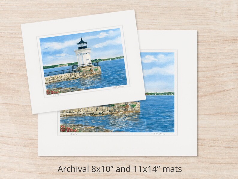 Archival 8x10" and 11x14" matted watercolor art prints of Bug Light, also known as Portland Breakwater Light, in South Portland overlooking Fort Gorges and Portland Harbor.
