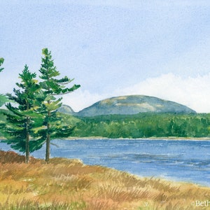 Witch Hole Pond, Acadia Watercolor Art Print, Bar Harbor, Maine Painting, Mount Desert Island, Blue & Gold Decor, Art For Apartment