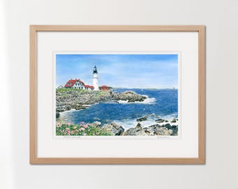Portland Head Lighthouse Painting, Cape Elizabeth Maine Watercolor Art Print, Beach Cottage Housewarming Gift