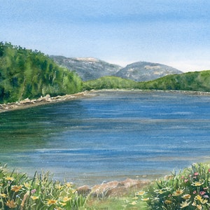 Acadia Mountain Lake Landscape Painting, Bar Harbor Maine Print, Purple, Blue & Green Watercolor Art Gift for Mom, Otter Creek Cove