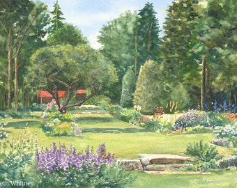 Maine Garden Painting, Thuya Garden Watercolor Art Print, Northeast Harbor, Maine Garden Art, Powder Room Decor
