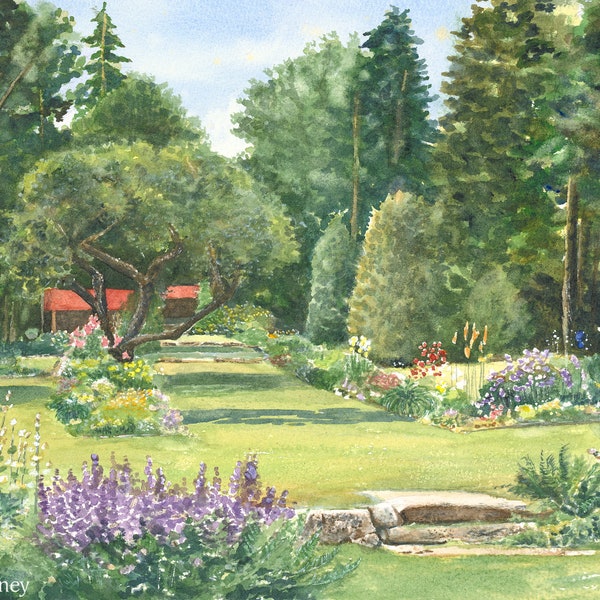 Thuya Garden, Maine Watercolor Painting, Acadia Print, Northeast Harbor, Maine Garden Art, Guest Room Decor, Mom Garden Gifts