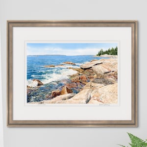 Deer Isle Maine Watercolor Painting, Penobscot Bay Nautical Art Print, Rocky Seascape