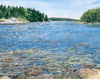 Spirit Pond, Phippsburg, Midcoast Maine Art, Coastal Wall Art for Living Room Decor, Realism Watercolor Landscape Painting