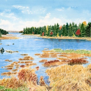 Acadia Salt Marsh, Bar Harbor Maine Painting, Fall Foliage Watercolor Art Print, Blue and Gold Coastal Wall Decor, Maine Art Gifts