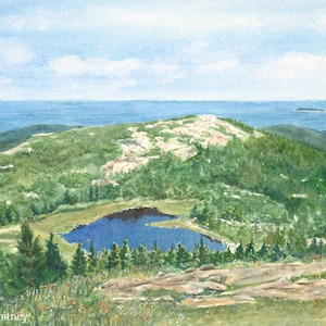 Cadillac Mountain View Acadia Watercolor Art Print, Bar Harbor Maine Painting, Gift for Hiker, Coastal Wall Decor