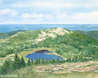 Cadillac Mountain, Acadia Watercolor Art Print, Bar Harbor, Maine Painting, Gift for Hiker, Coastal Wall Decor