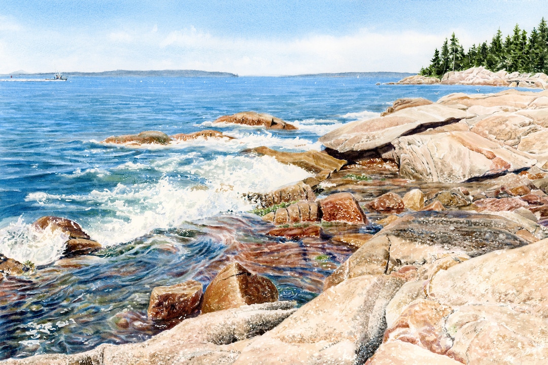 Deer Isle, Maine Painting, Rocky Coast Wall Decor, Watercolor Seascape