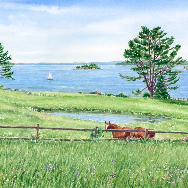 Windswept, East Blue Hill, Maine Watercolor Painting, Coastal Farm Pasture, Horses Painting, Wildflowers Meadow Art Print, Bedroom Decor