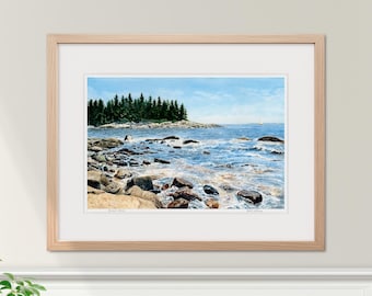 Barred Island Maine Coast Watercolor Painting, Rocky Seascape Art Print, Coastal Wall Decor
