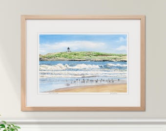 Popham Beach Maine Art Print, Shore Birds Crashing Waves, Pond Island Lighthouse