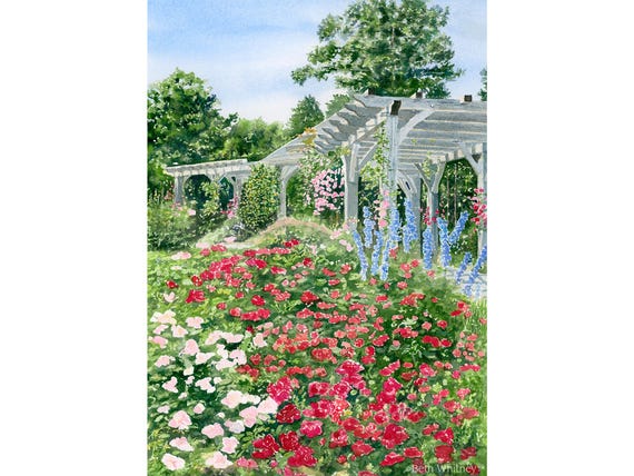 Watercolor Rose Garden Art Print, Coastal Maine Botanical Garden, Floral Bedroom Decor, Boothbay Maine Gift for Mom