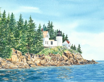 Bass Harbor, Maine Lighthouse Art Print, Acadia Watercolor Painting, Maine Vacation Art, New England Seascape Wall Decor