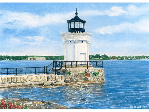 Bug Light Lighthouse Watercolor Art Print, South Portland Maine Coastal Decor