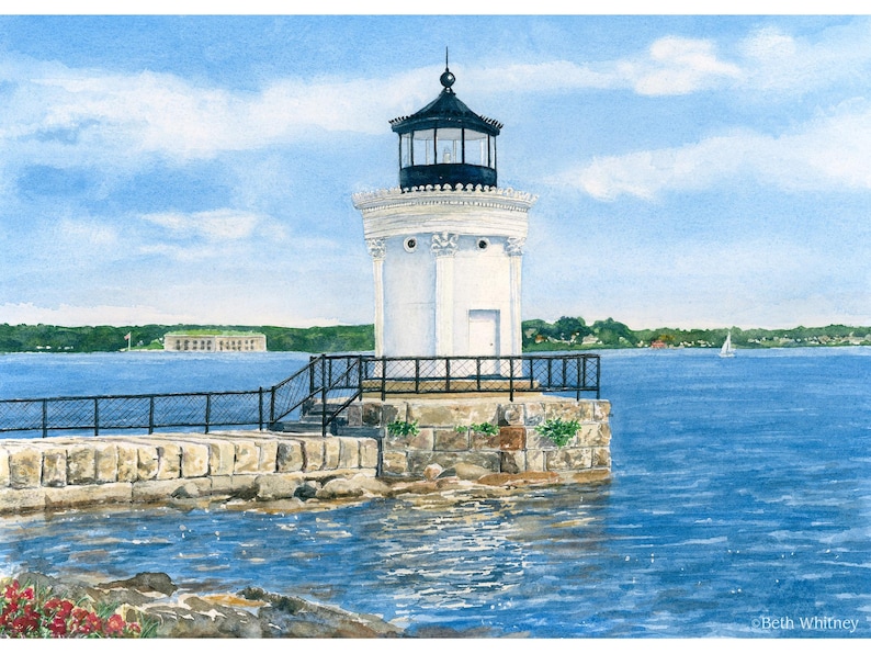 Watercolor painting titled “Bug Light” depicting Portland Breakwater Light in South Portland with blue harbor waters and Fort Gorges in the distance.