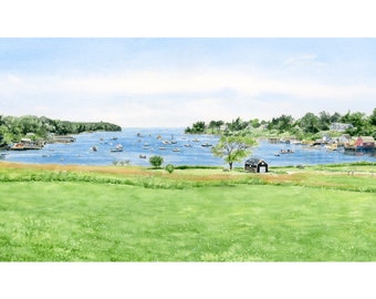 Mackerel Cove Panoramic Print, Bailey Island, Harpswell Maine Painting, Coastal Wall Decor, Gift for Mom, Green & Blue Watercolor Seascape