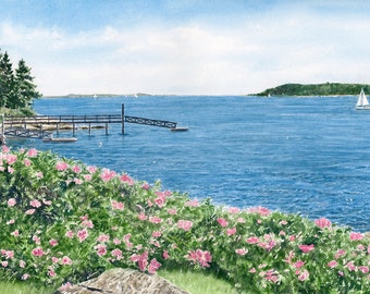 Boothbay Harbor, Maine Art Print, Spruce Point, Maine Painting, Pink Beach Roses Ocean Wall Art, Seascape Prints