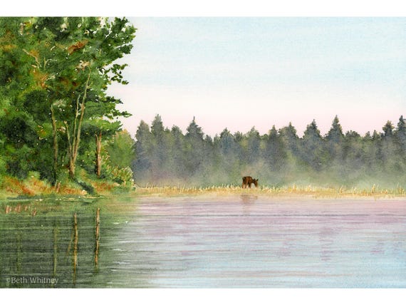 Kokadjo Maine Moose Watercolor Print, Lake Cabin Art