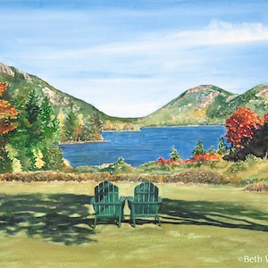 Jordan Pond, Acadia Wall Art, Bar Harbor, Maine Watercolor Painting, Autumn Prints, Local Maine Art, Fall Mantel Decor