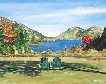 Jordan Pond, Acadia Wall Art - Maine Watercolor Painting - Autumn Prints - Home Office Decor - Local Maine Art
