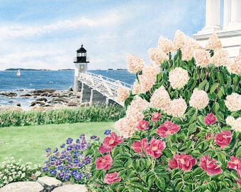 Marshall Point Lighthouse Painting, Port Clyde, Maine Art, Hydrangeas & Roses, Seaside Garden Decor