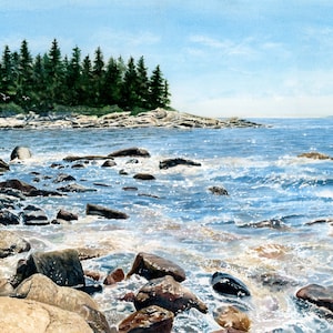 Deer Isle Maine Watercolor Print Art, Barred Island Seascape Painting for Coastal Living Room Decor, Rocky Coast Wall Art