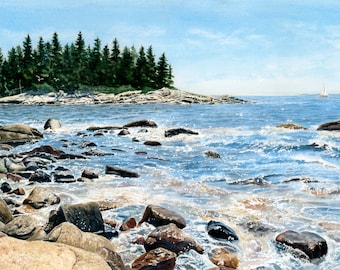 Deer Isle, Maine Watercolor Print - Barred Island, Crockett's Cove - Coastal Maine Art - Seascape Painting - Maine Beach Decor