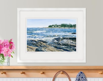 Pemaquid Point Maine Watercolor Print, Sparkling Ocean Rocky Coast Wall Art