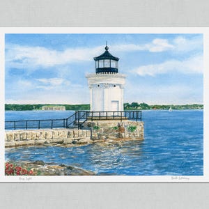 Unmatted watercolor art print of Bug Light in South Portland showing the white lighthouse on its stone pier with Fort Gorges across Portland Harbor.