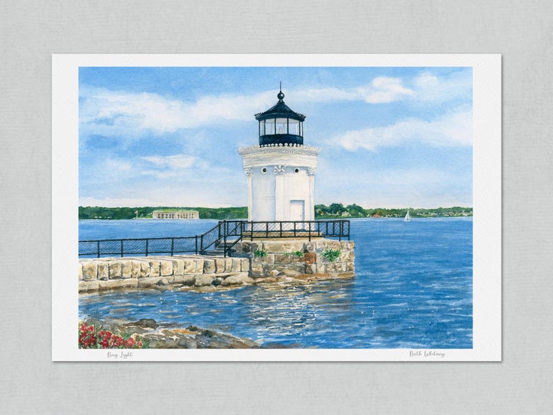 Unmatted watercolor art print of Bug Light in South Portland showing the white lighthouse on its stone pier with Fort Gorges across Portland Harbor.