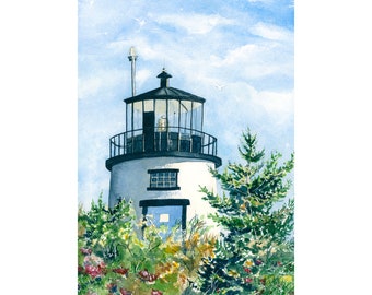 Owls Head Maine Lighthouse Print, Watercolor Painting, Maine Lighthouse Art, Coastal Home Decor, Vertical Wall Art