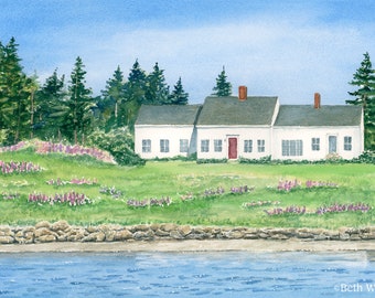 Vinalhaven Maine Watercolor Print, Maine Island Decor, Coastal Cottage Wall Art, Green and Blue Living Room Decor, Lupine Landscape Art