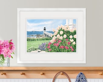 Marshall Point Lighthouse Watercolor Print, Port Clyde Maine Seaside Garden Decor, Roses & Hydrangeas