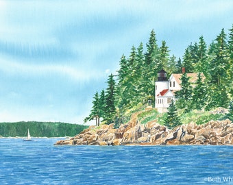 Bass Harbor Light, Acadia Lighthouse Art, Bar Harbor Maine Painting, Watercolor Seascape, Gift for Sailor