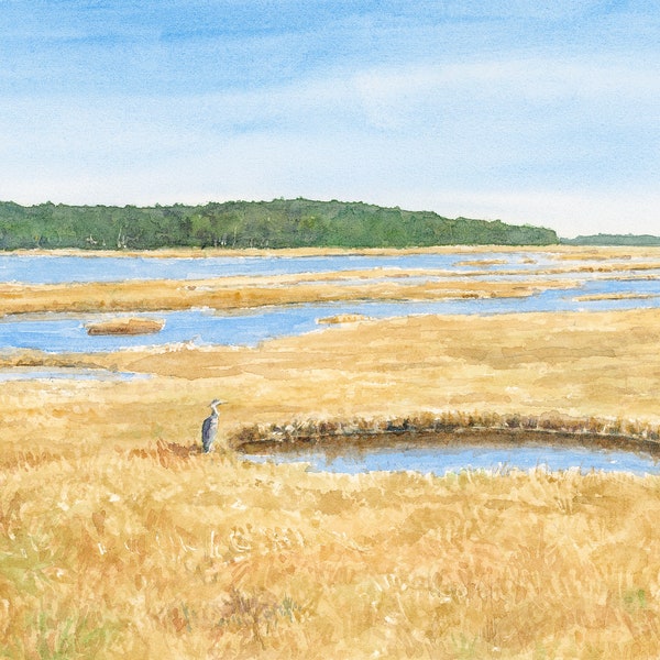 Scarborough Marsh, Maine Salt Marsh Painting, Pine Point, Eastern Trail, Great Blue Heron Art, Landscape Wall Decor, Birder Gifts