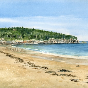 Sand Beach Acadia Painting, Bar Harbor Maine Watercolor Landscape, Engagement Gift for Fiance, Acadia National Park Artwork Prints
