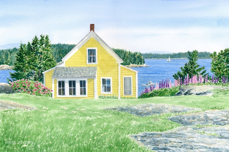 Yellow House Stonington Maine Island Art Print Watercolor Etsy