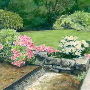 Spring's Promise Watercolor Art Print, Azalea Flowers, Asian Inspired Garden Decor, Green & Pink Painting