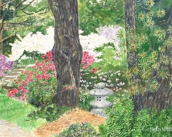 Spring Garden Decor, Asticou Azalea Garden Print, Maine Watercolor, Asian Inspired Woodland Garden, Peaceful Painting