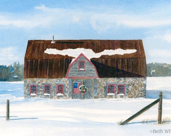 Maine Winter Painting, Old Stone Barn Watercolor, Mount Desert Island Landscape Wall Art, New England Barn, Maine Watercolors, Snow Painting