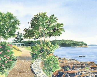 Shore Path, Bar Harbor Maine Art, Acadia Watercolor Print, Coastal Maine Seascape Painting, 1st Anniversary Gift