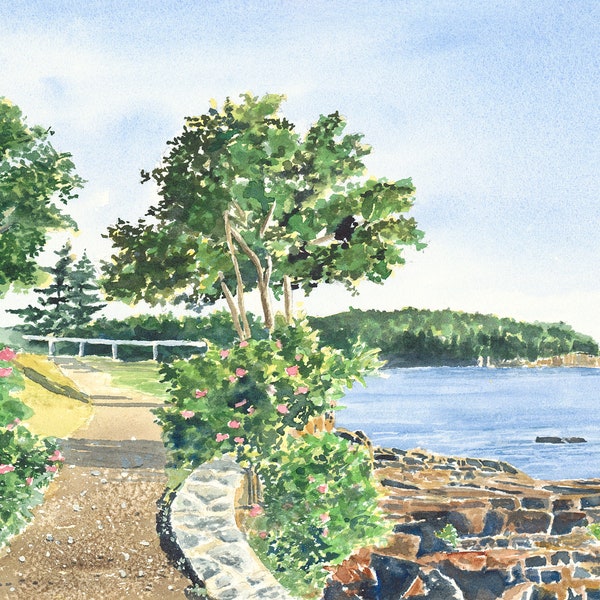 Shore Path, Bar Harbor Maine Art, Acadia Watercolor Print, Coastal Maine Seascape Painting, 1st Anniversary Gift