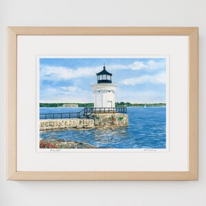 Framed watercolor art print of Bug Light in South Portland, featuring the white lighthouse standing on the stone breakwater in Portland Harbor.